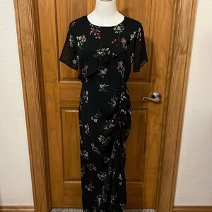 Bohme Long Black Floral Ruffle Dress Size M High Slit